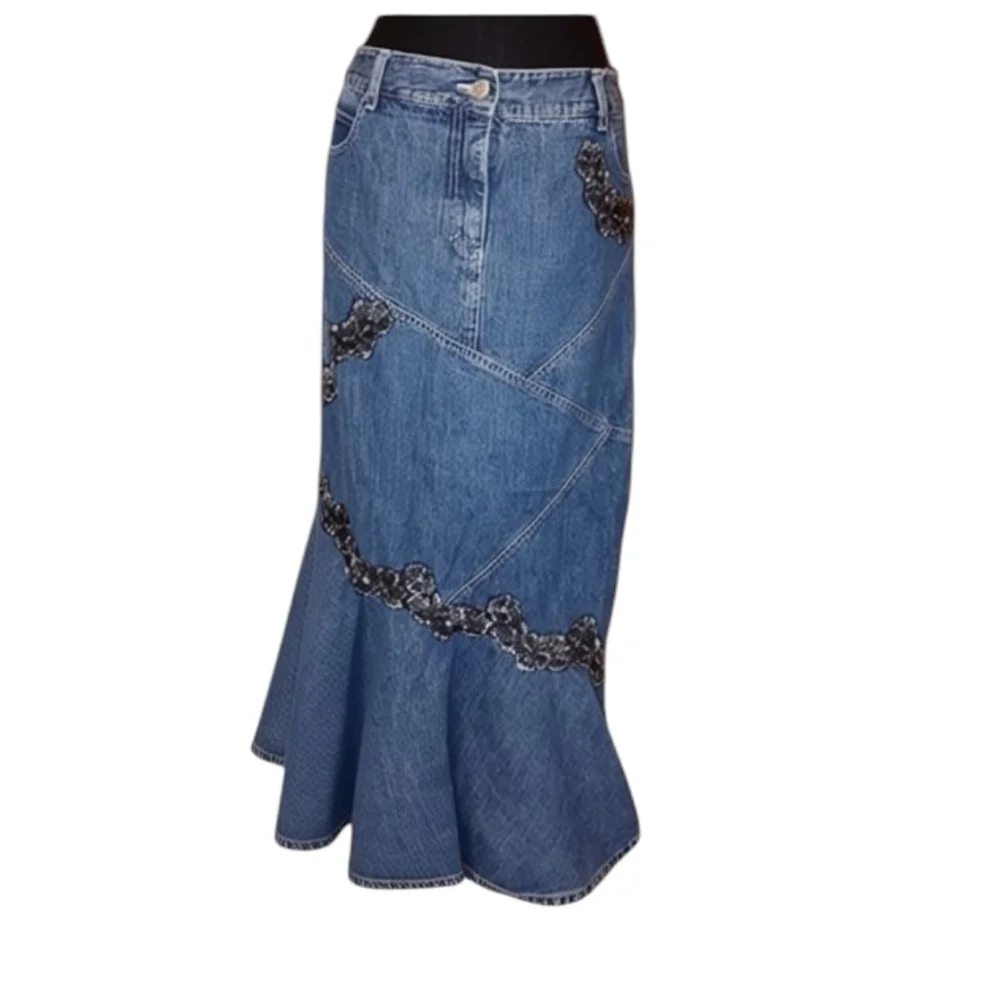 Y2K Newport News Denim Jean Maxi Mermaid Skirt with Floral Embroidery